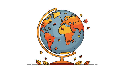 Autumn Globe Illustration. World Map Decor with Falling Fall Leaves Vector Icon.