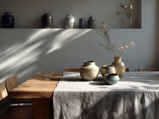 A table with a white tablecloth and a vase of flowers in the middle. There are four vases on the table, two of which are taller than the others
