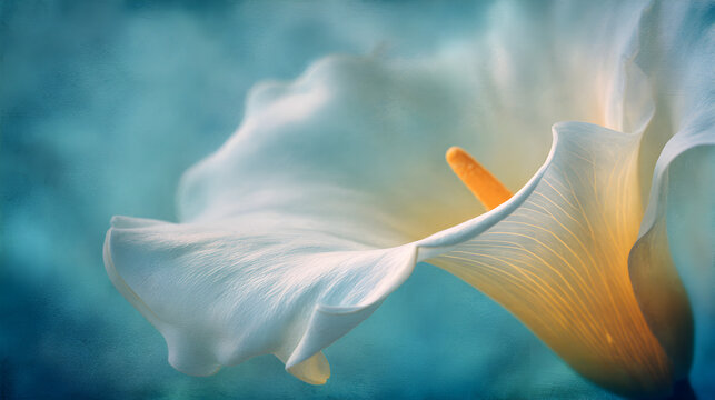Elegant white calla lily with vibrant yellow stamen against a soft blue background, perfect for floral designs and artistic projects - Powered by Adobe