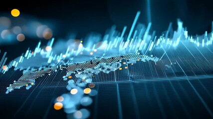 Abstract blue digital graph with glowing bars, dots, and bokeh lights - Powered by Adobe