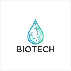 Biotechnology innovation logo featuring a sleek liquid drop design with an integrated circuit board pattern, symbolizing advanced scientific research and digital life solutions