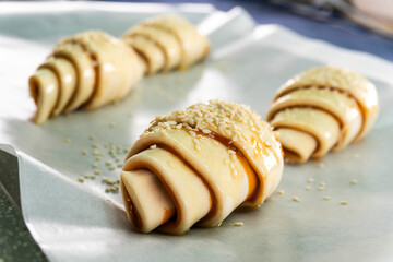 Caramel croissants. Puff pastry pastries. Croissants. Food concept