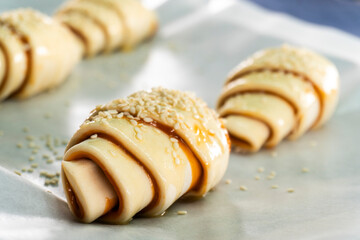 Caramel croissants. Puff pastry pastries. Croissants. Food concept