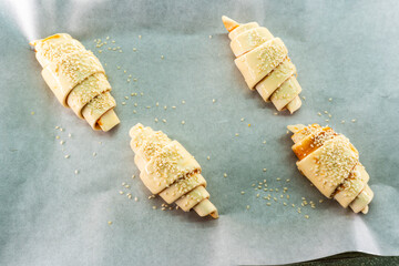 Caramel croissants. Puff pastry pastries. Croissants. Food concept