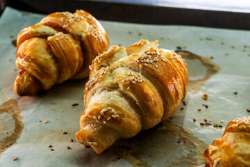 Caramel croissants. Puff pastry pastries. Croissants. Food concept