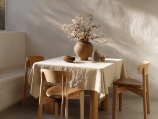 A table with a white tablecloth and four wooden chairs. A vase with flowers is on the table