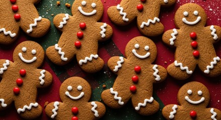 Obraz premium Gingerbread Men A Festive and Delicious Array of Smiling Holiday Treats on a Red Background