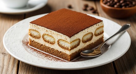 Delicious Tiramisu Dessert on a Plate with Coffee Beans.