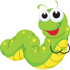 Cute Green Cartoon Caterpillar with Big Eyes and Yellow Spots Smiling on a Transparent Background Ideal for Childrens Content and Educational Materials