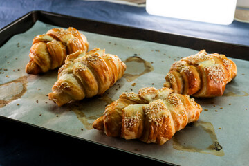Caramel croissants. Puff pastry pastries. Croissants. Food concept