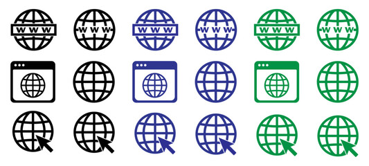 website browser window and www globe icon vector set, Internet globe symbol for webpage and browser design, Global network web icon for digital communication, vector icons. 