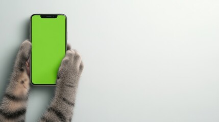 Curious cat paws hold a device with a vibrant green display on a clean white backdrop for design inspiration