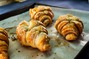 Caramel croissants. Puff pastry pastries. Croissants. Food concept