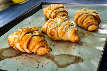 Caramel croissants. Puff pastry pastries. Croissants. Food concept