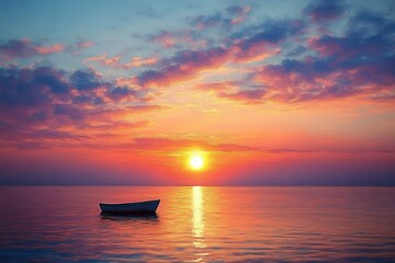 Solitary boat floating on calm water during vibrant sunset with colorful sky and soft clouds reflecting on the sea creating peaceful and serene atmosphere