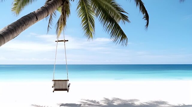 Aerial view of a tropical beach with a palm tree and a swing. The sky is clear with a few clouds, and the ocean is a gradient of blue to turquoise. The beach is white.
