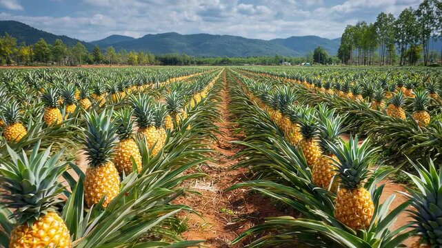 Lush Pineapple Field with Golden Fruit and Verdant Leaves under a Blue Sky and Mountain Backdrop an Agriculture Landscape in Thailand