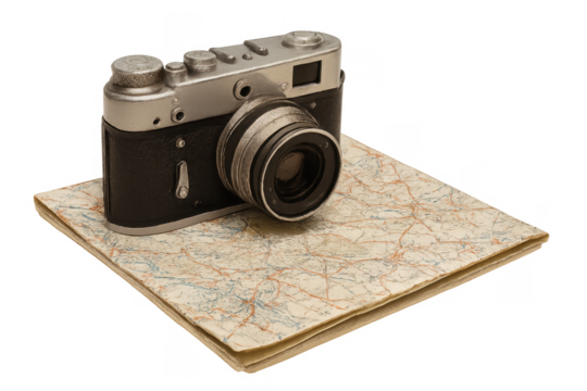 Vintage camera resting on an old map, planning travel adventure