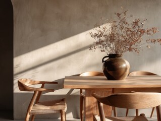 A wooden table with a vase of flowers on it. There are four chairs around the table