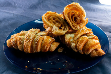 Caramel croissants. Puff pastry pastries. Croissants. Food concept