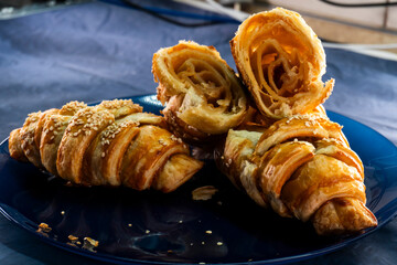 Caramel croissants. Puff pastry pastries. Croissants. Food concept