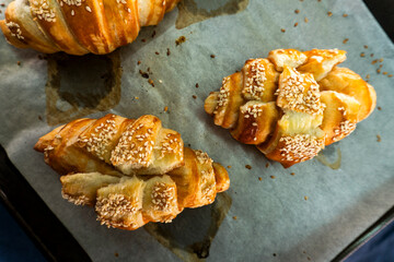 Caramel croissants. Puff pastry pastries. Croissants. Food concept