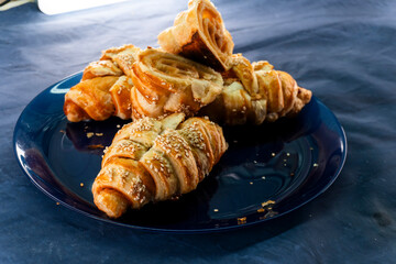 Caramel croissants. Puff pastry pastries. Croissants. Food concept