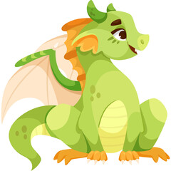 Cute Green Dragon Cartoon Character Sitting Smiling With Wings And Horns