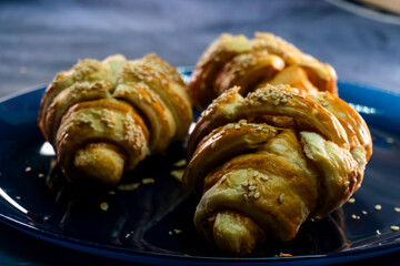 Caramel croissants. Puff pastry pastries. Croissants. Food concept