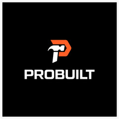 Construction Logo with Hammer and Letter P on Black Background