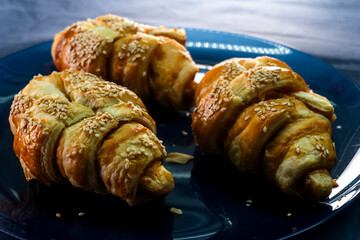 Caramel croissants. Puff pastry pastries. Croissants. Food concept