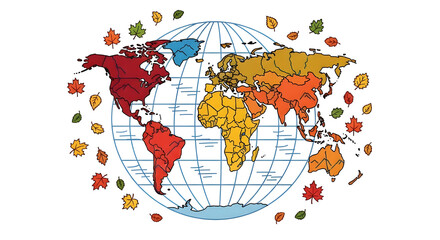 Hand-Drawn Autumn World Map with Falling Colored Leaves Illustration.