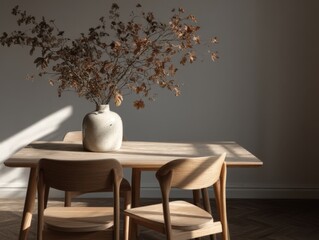 A table with a vase of flowers on it. There are two chairs on either side of the table
