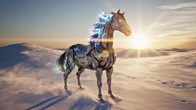 A chrome robotic horse with glowing blue eyes and electric patterns stands in a vast, sunlit desert landscape. The horse rears up as its mane transforms into arcs of electrical energy.