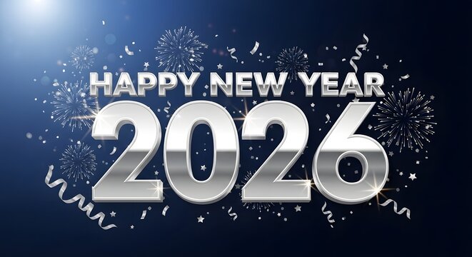Happy new year 2026 celebration festive silver text on blue background