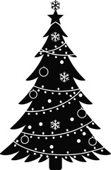 Christmas tree silhouette, festive ornament design, black holiday icon, decorative pine shape, winter celebration graphic, minimal seasonal art, snowflake star accent