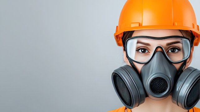 Strong and focused woman wearing a gray gas mask and orange helmet shows commitment to safety in hazardous environments