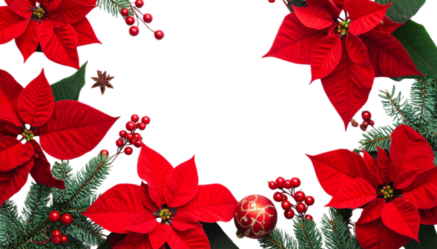 Festive christmas border or frame with red poinsettia flowers, evergreen branches, ornaments, and berries on white background, flat lay composition   - Powered by Adobe