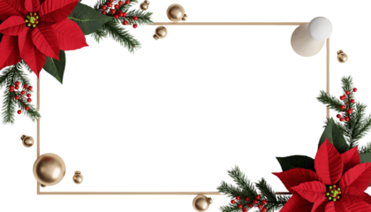 Festive christmas border or frame with red poinsettia flowers, evergreen branches, ornaments, and berries on white background, flat lay composition  