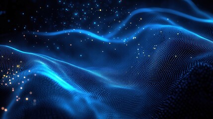 Flowing blue waves of digital dots and glowing particles creating a sense of depth and dynamic movement in a dark space