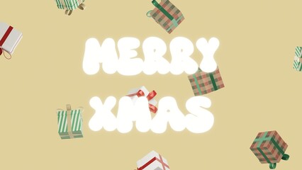 Horizontal 3d Christmas New Year merry Xmas greeting typography neon glow festive holiday gift boxes presents bow striped wrapping plaid pattern tartan green ribbon red bow pastel background