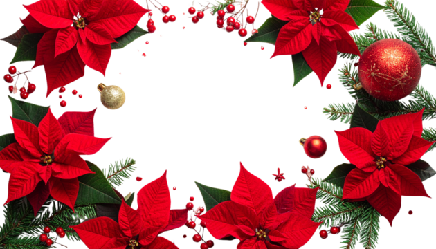 Festive christmas border or frame with red poinsettia flowers, evergreen branches, ornaments, and berries on white background, flat lay composition  