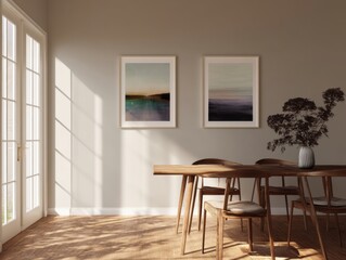 A dining room with a wooden table and chairs. There are two framed pictures on the wall. A vase with flowers is on the table