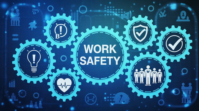 Blue work safety concept with gears and icons for health, ideas, and protection displayed digitally
