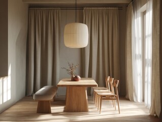 A wooden dining table with a vase of flowers on it. There are four chairs around the table