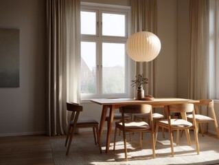 A table with a lamp on it and a vase of flowers. There are six chairs around the table