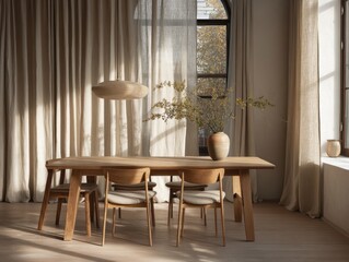 A wooden dining table with four chairs around it. A vase with flowers on it sits on the table