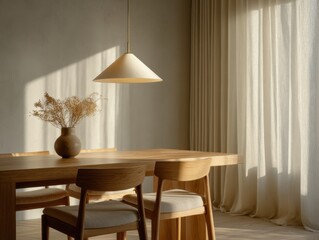 A table with a vase of flowers on it. There are four chairs around the table. The table is wooden and the chairs are wooden