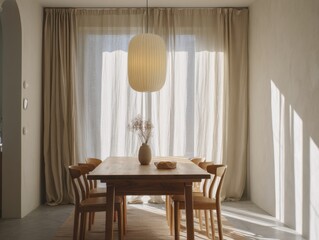 A table with a vase of flowers on it. There are four chairs around the table. The table is wooden and the chairs are wooden