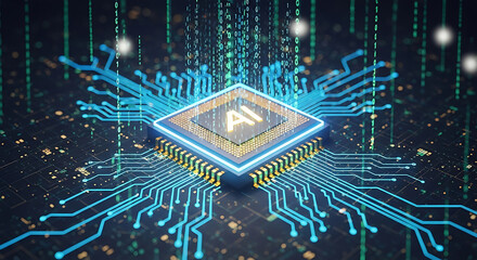 Central A I processor chip with glowing blue circuits and binary code AI chip